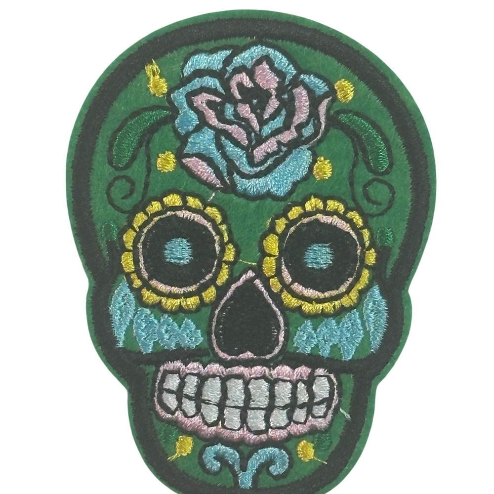 Sugar Skull Iron On Patch Green Floral Dia de los‎ Muertos Calavera